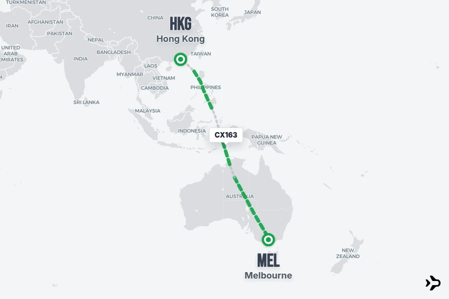CX163 flight map from HKG to MEL