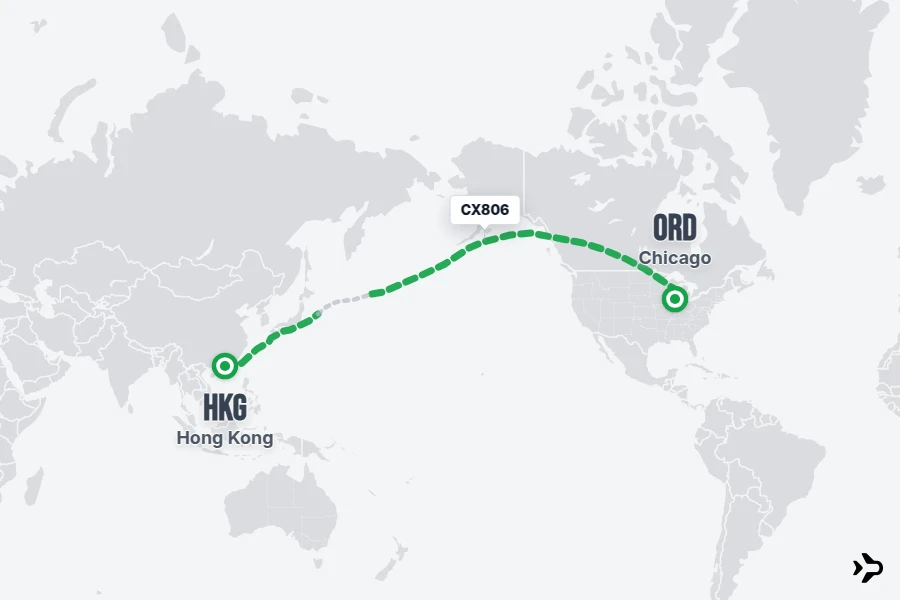 CX806 flight map from HKG to ORD