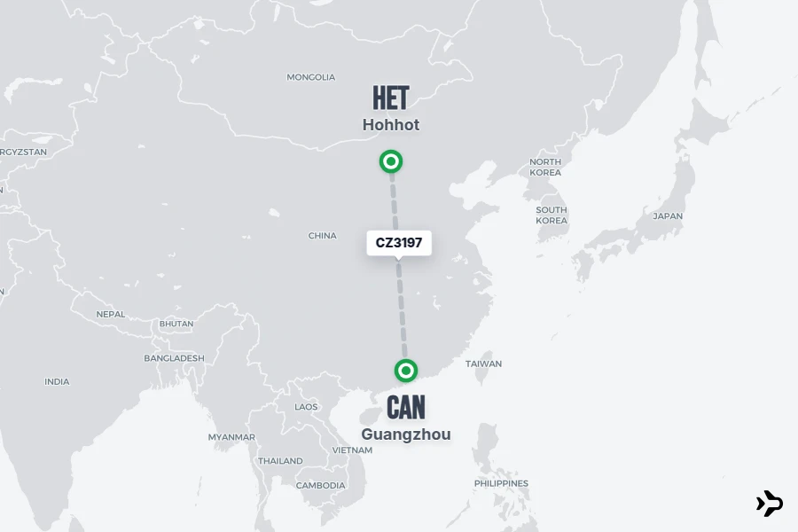 CZ3197 flight map from CAN to HET