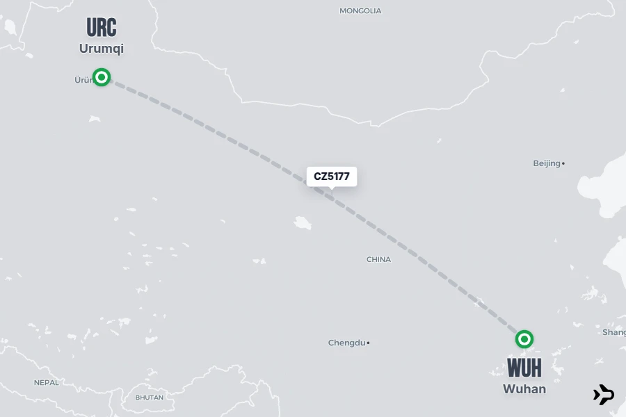 CZ5177 flight map from WUH to URC