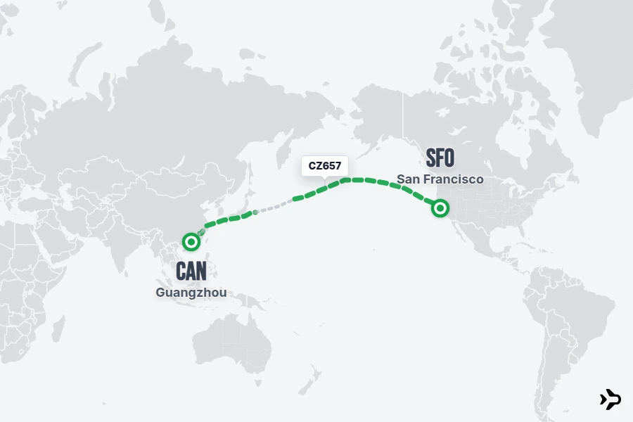CZ657 flight map from CAN to SFO