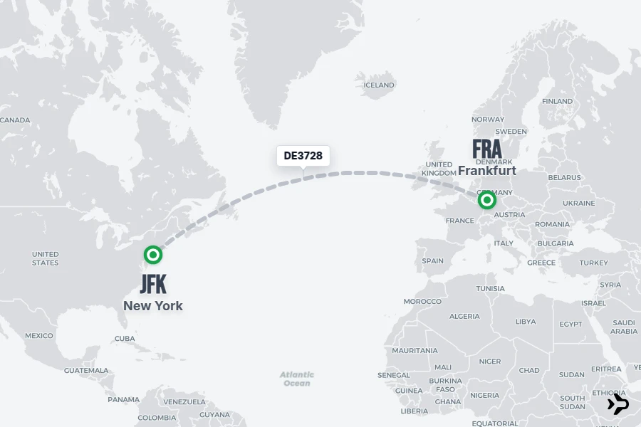 DE3728 flight map from FRA to JFK