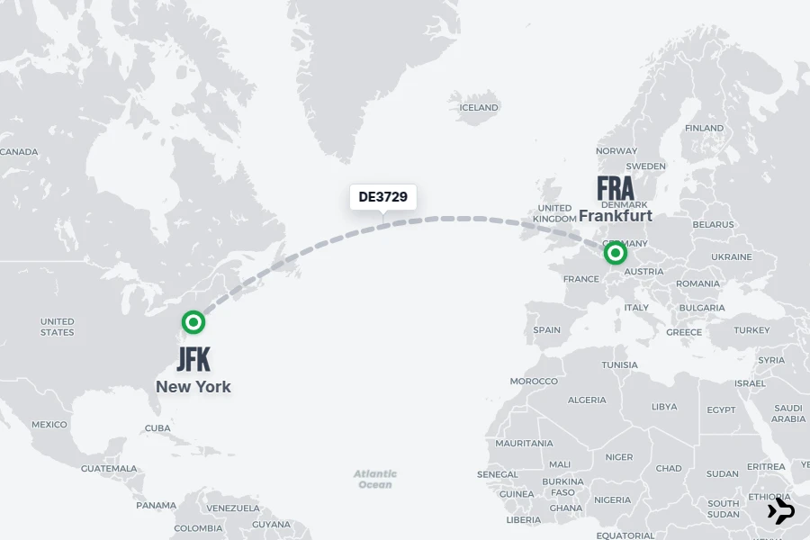 DE3729 flight map from JFK to FRA