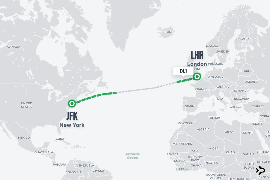 DL1 flight map from JFK to LHR