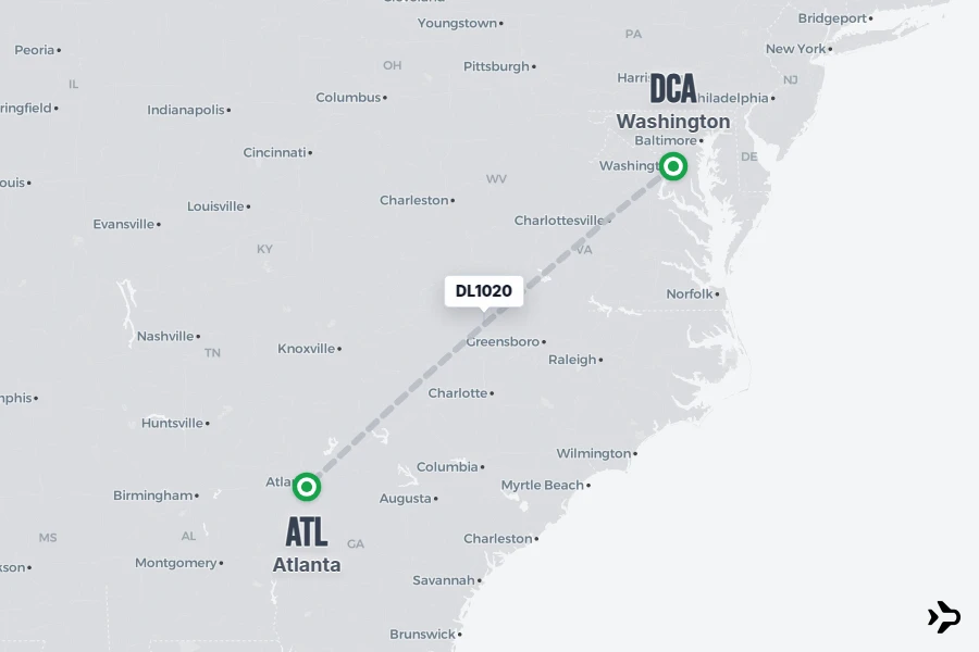 DL1020 flight map from DCA to ATL