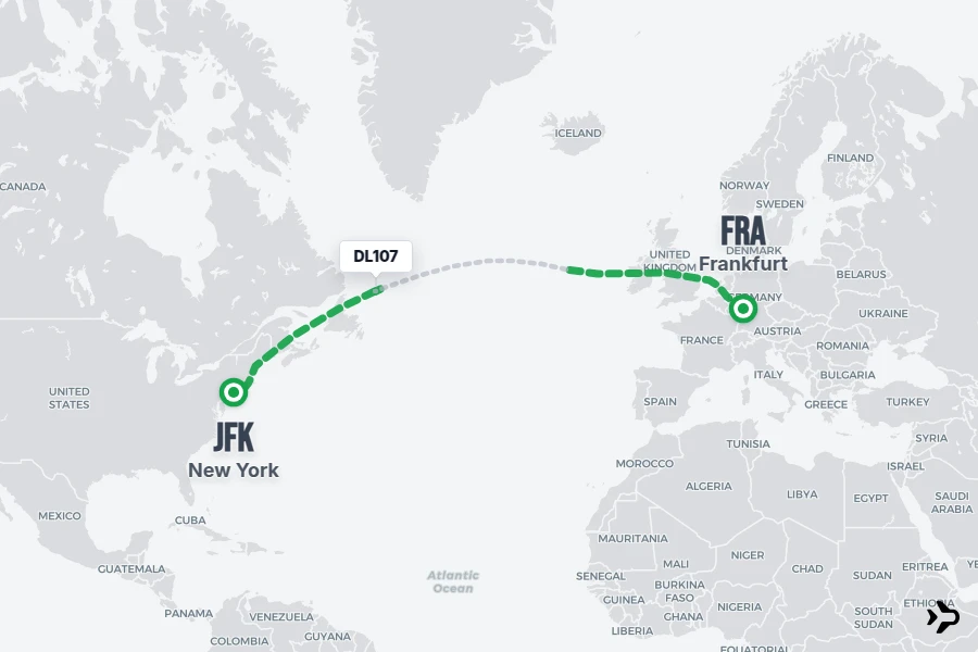 DL107 flight map from FRA to JFK