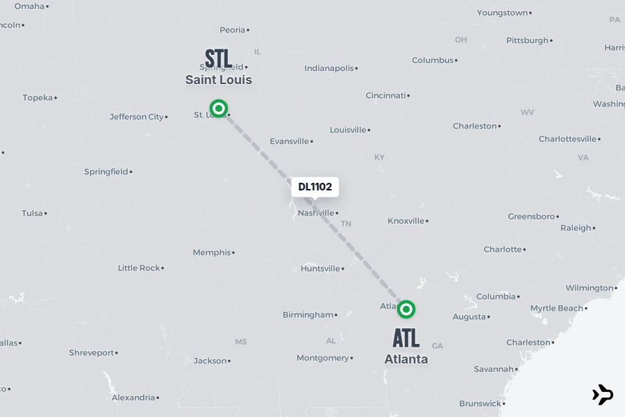 DL1102 flight map from STL to ATL