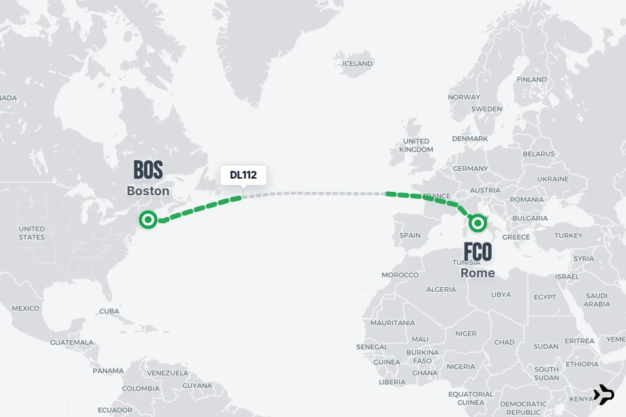 DL112 flight map from BOS to FCO