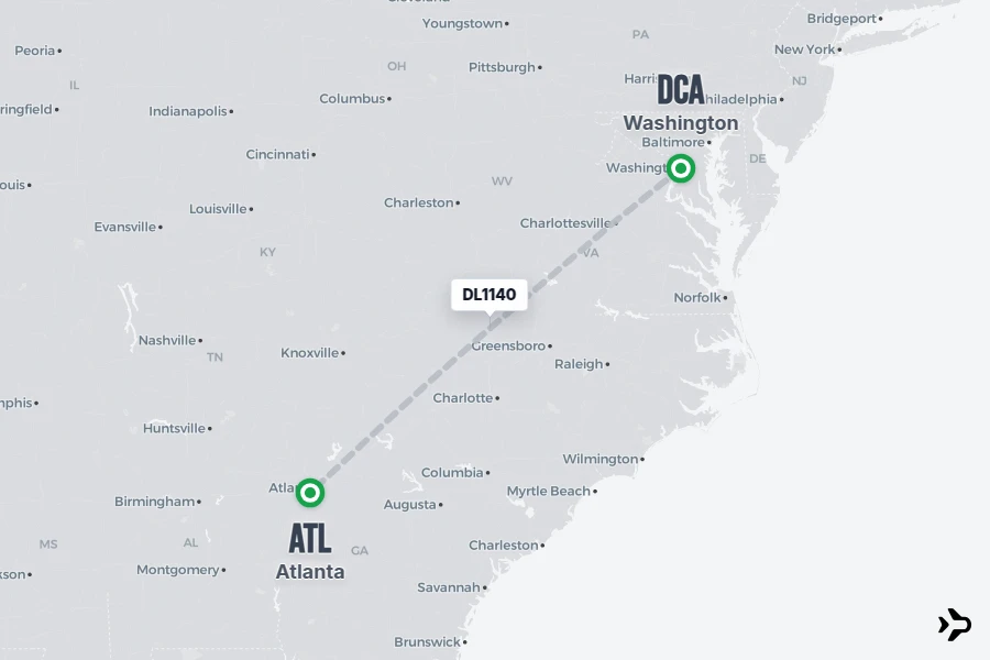 DL1140 flight map from DCA to ATL