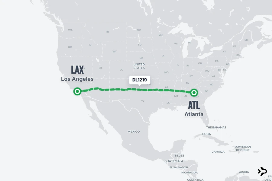 DL1219 flight map from ATL to LAX