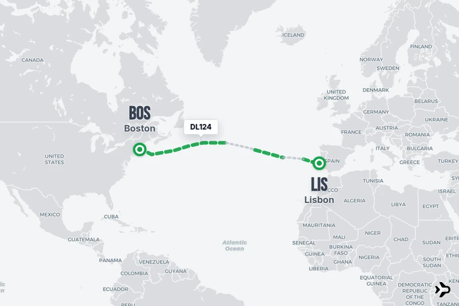 DL124 flight map from BOS to LIS
