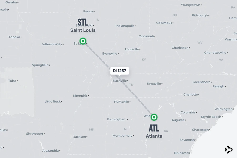 DL1257 flight map from STL to ATL