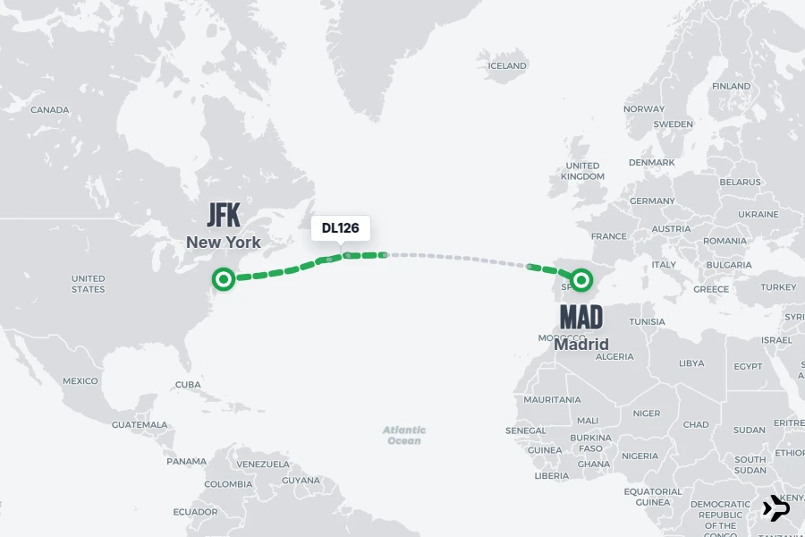 DL126 flight map from JFK to MAD