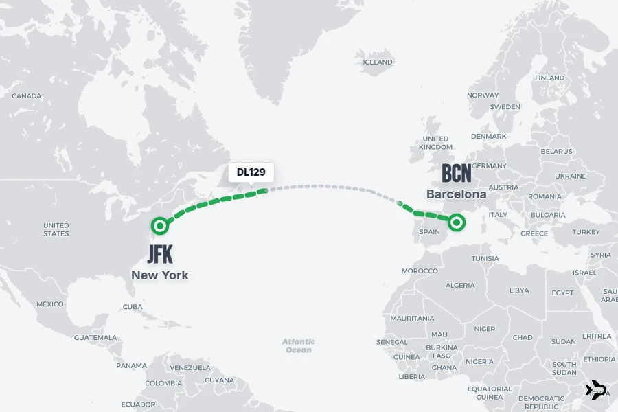 DL129 flight map from BCN to JFK