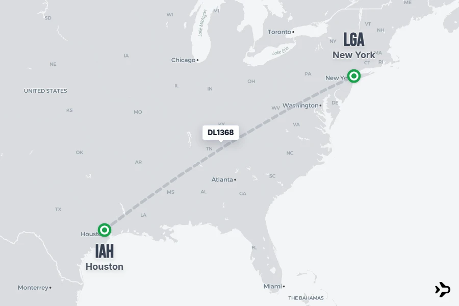 DL1368 flight map from IAH to LGA