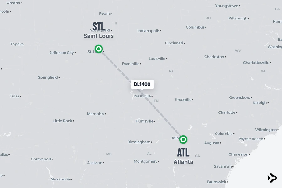 DL1400 flight map from STL to ATL