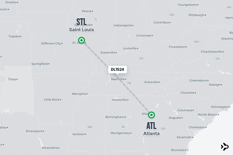 DL1524 flight map from STL to ATL