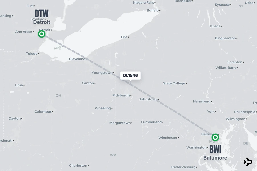 DL1546 flight map from BWI to DTW