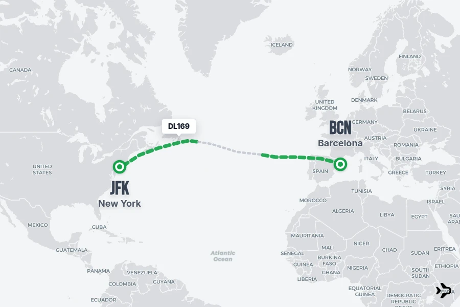 DL169 flight map from BCN to JFK