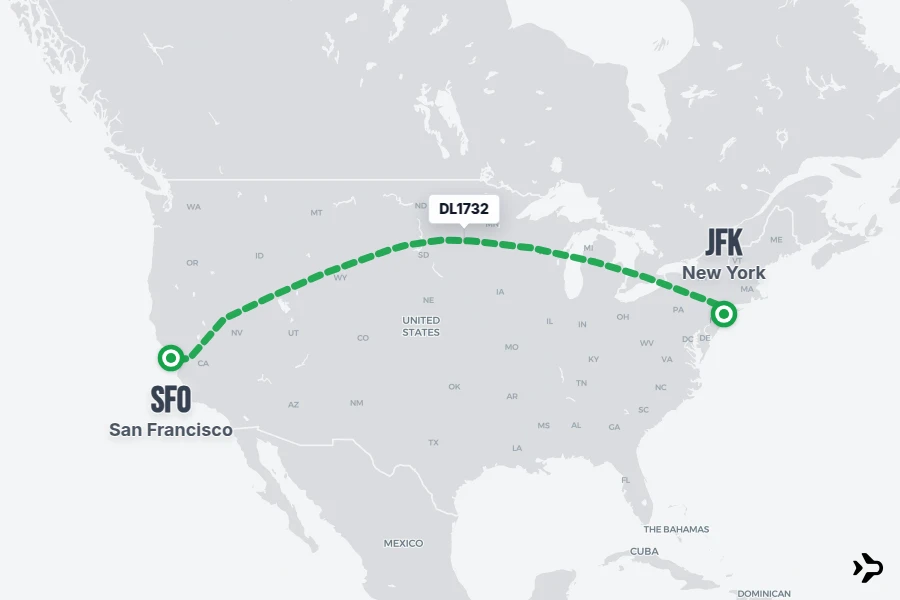 DL1732 flight map from JFK to SFO