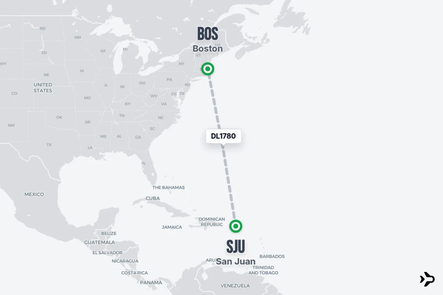 DL1780 flight map from SJU to BOS