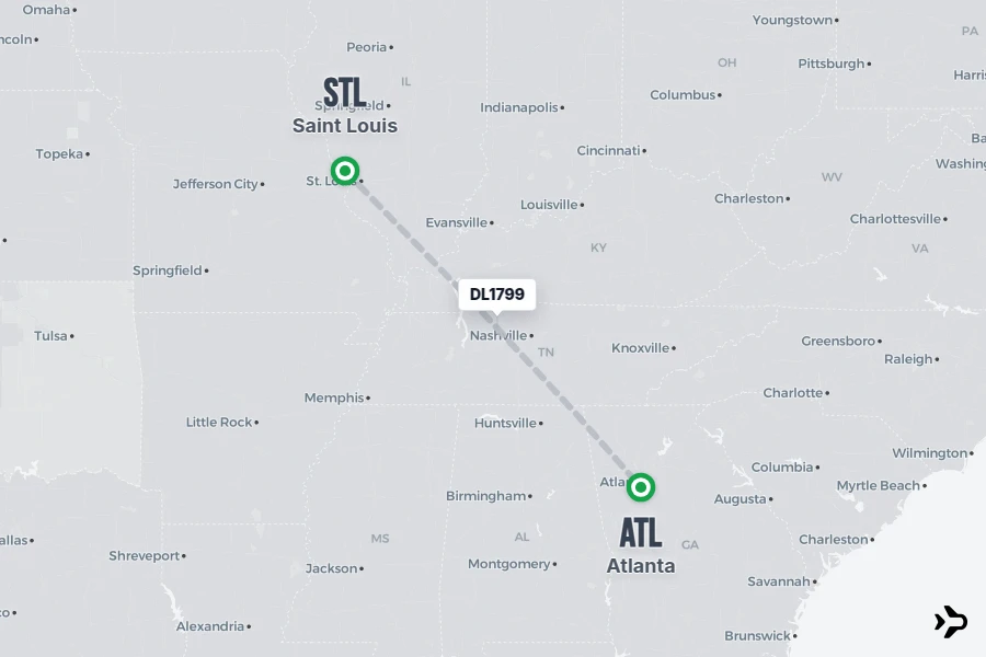 DL1799 flight map from STL to ATL