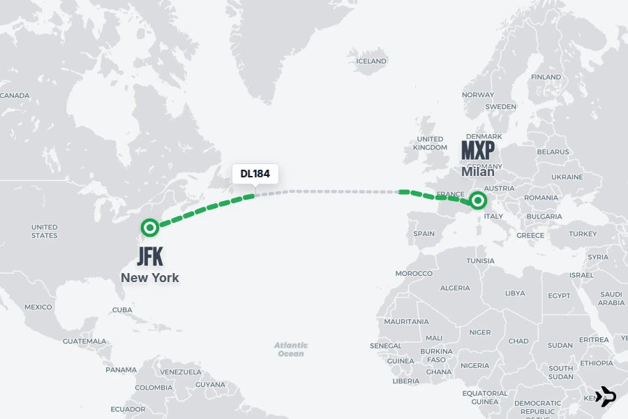 DL184 flight map from JFK to MXP