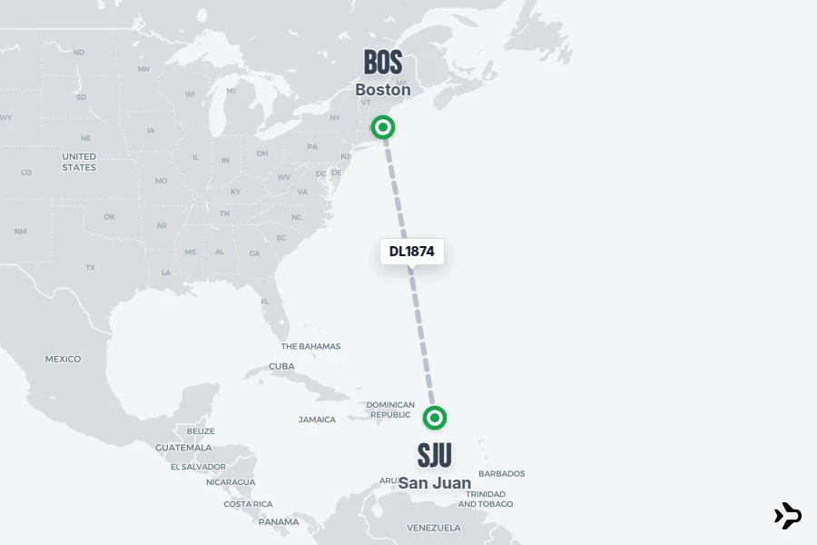 DL1874 flight map from SJU to BOS