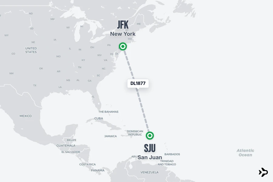 DL1877 flight map from JFK to SJU