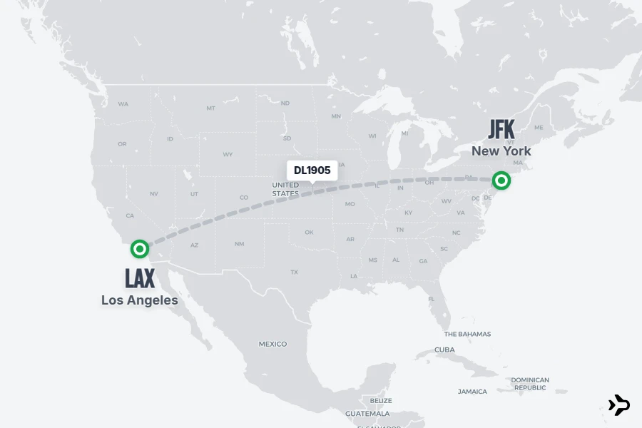 DL1905 flight map from JFK to LAX