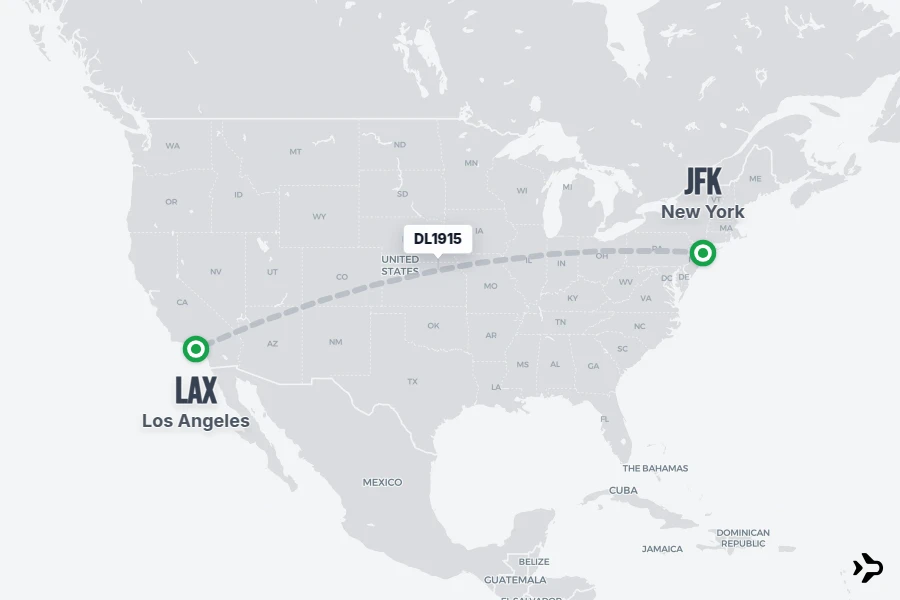 DL1915 flight map from JFK to LAX