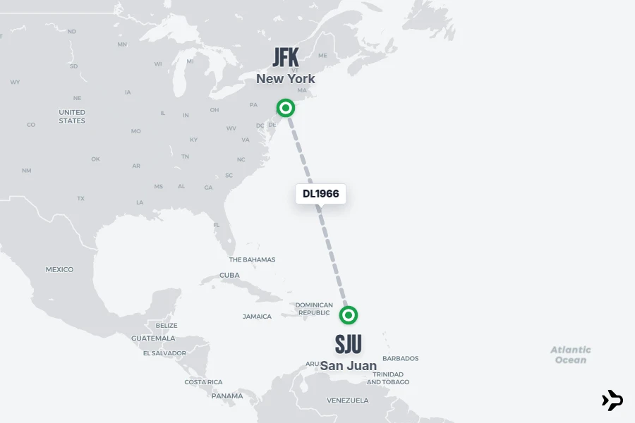 DL1966 flight map from JFK to SJU