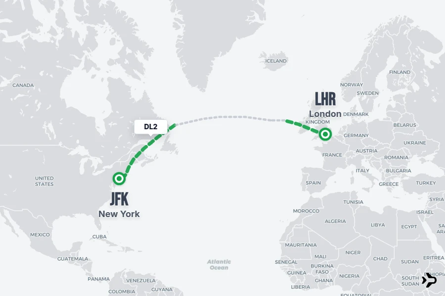 DL2 flight map from LHR to JFK