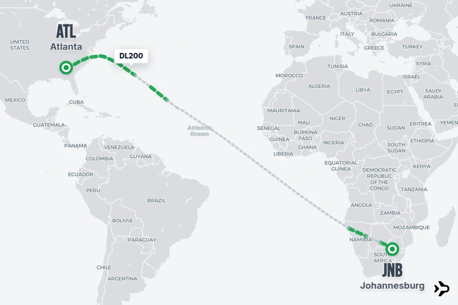 DL200 flight map from ATL to JNB