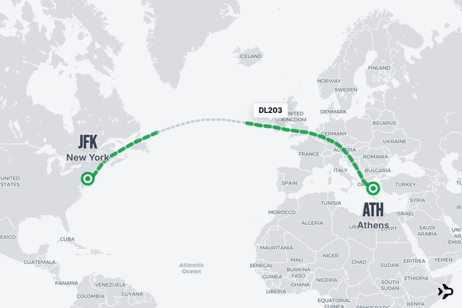 DL203 flight map from ATH to JFK