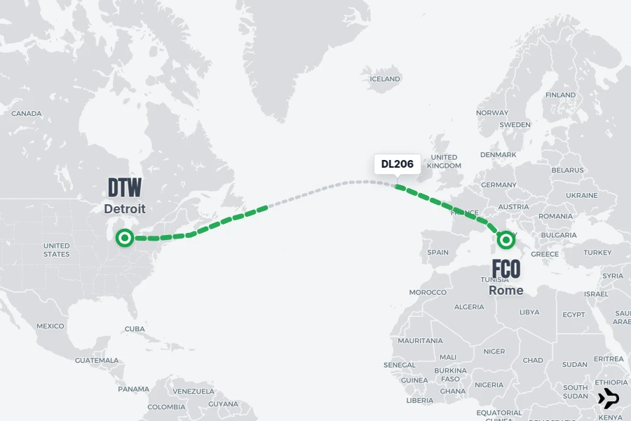 DL206 flight map from DTW to FCO