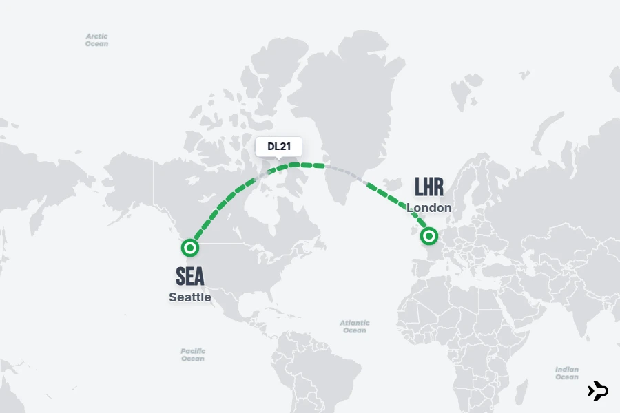 DL21 flight map from LHR to SEA