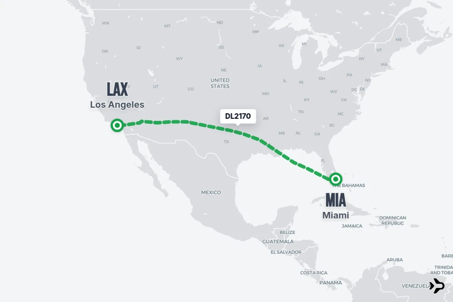 DL2170 flight map from MIA to LAX