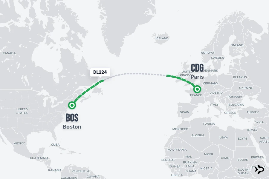 DL224 flight map from BOS to CDG