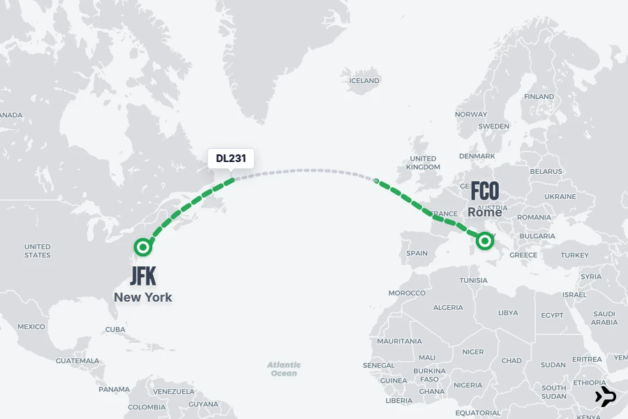 DL231 flight map from FCO to JFK