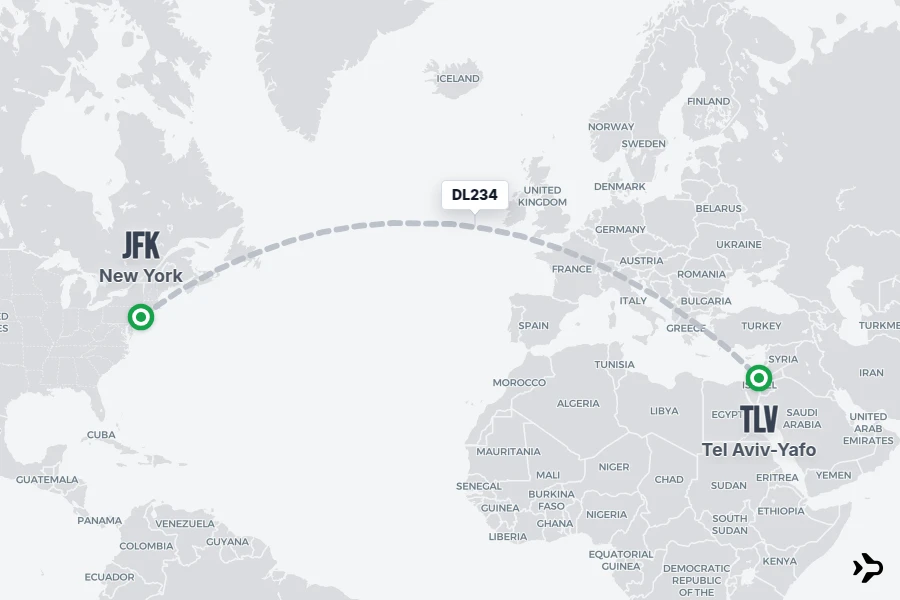 DL234 flight map from JFK to TLV