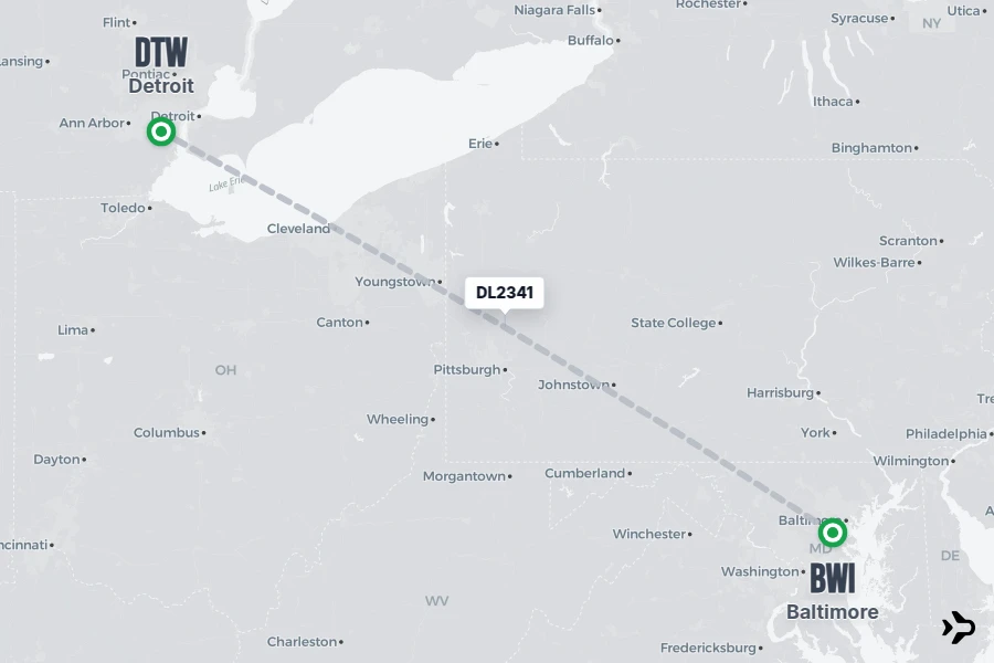 DL2341 flight map from BWI to DTW