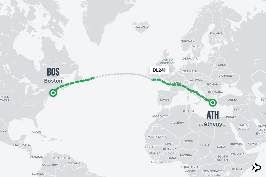 DL241 flight map from ATH to BOS