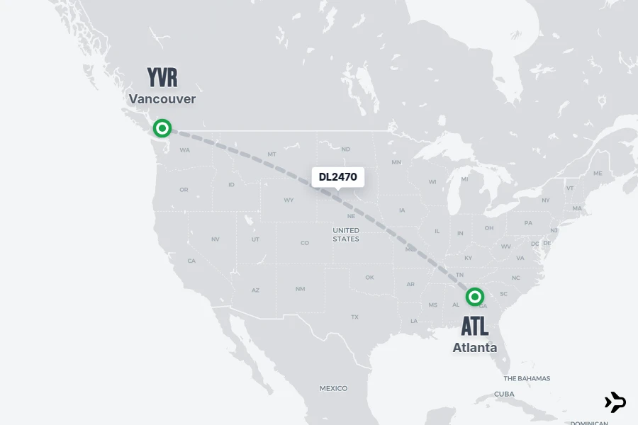DL2470 flight map from ATL to YVR