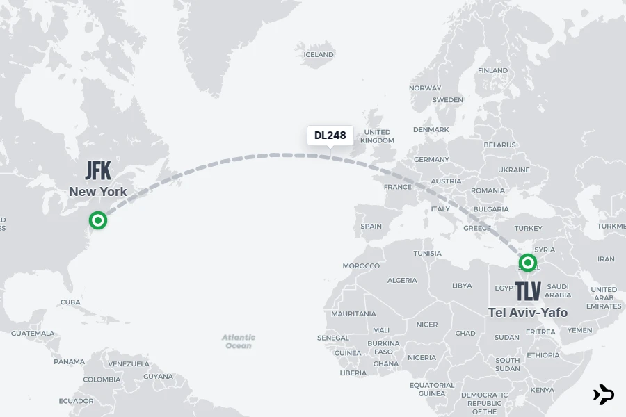DL248 flight map from JFK to TLV