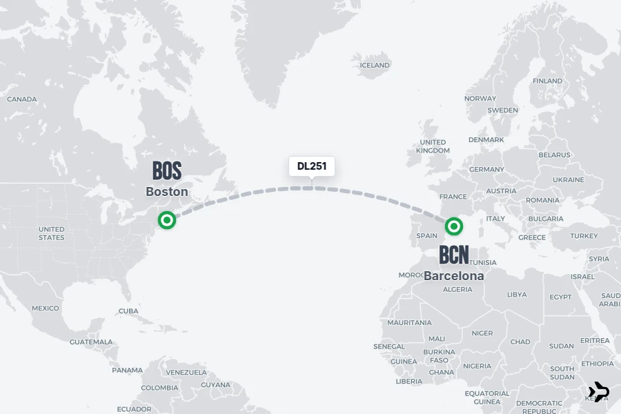 DL251 flight map from BCN to BOS
