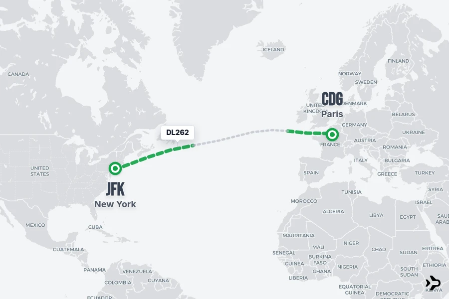 DL262 flight map from JFK to CDG