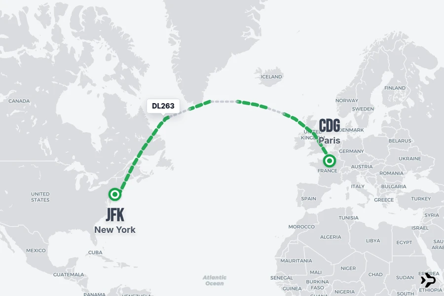 DL263 flight map from CDG to JFK