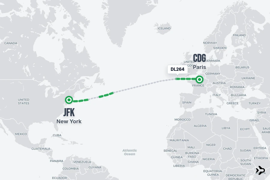 DL264 flight map from JFK to CDG