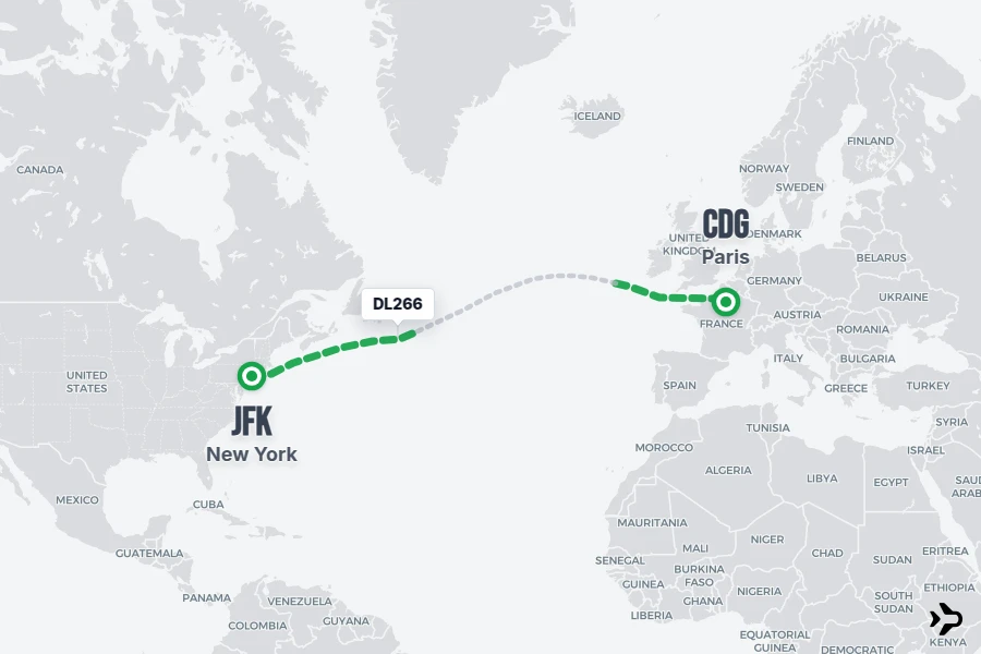 DL266 flight map from JFK to CDG